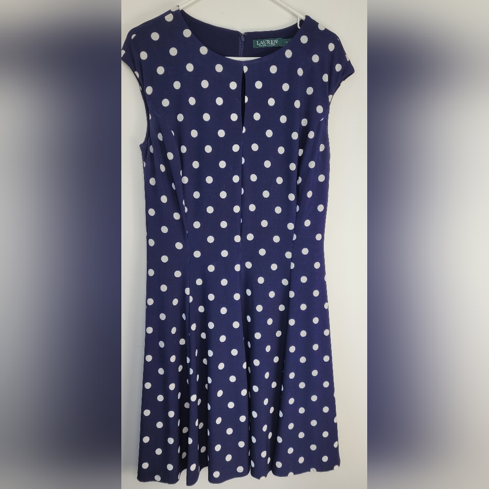 Ralph Lauren Navy Blue & White Polka Dot Sleeveless Dress Size 10